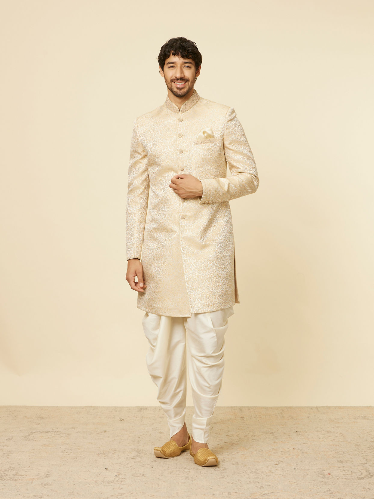 alt message - Manyavar Men Sand Beige Medallion Patterned Indo Western Set image number 2