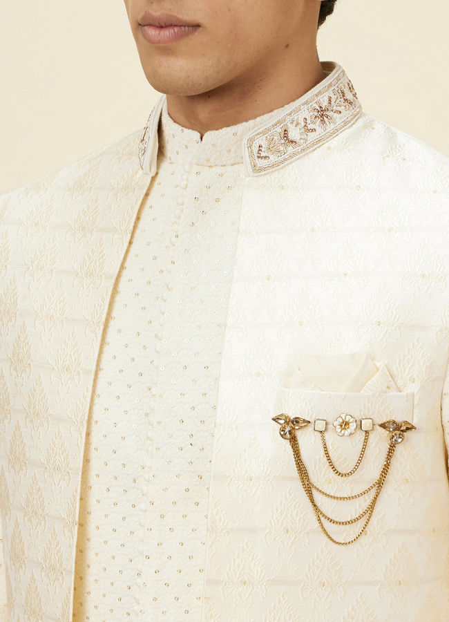 Manyavar Men Shell White Layered Sequined Open Sherwani Set