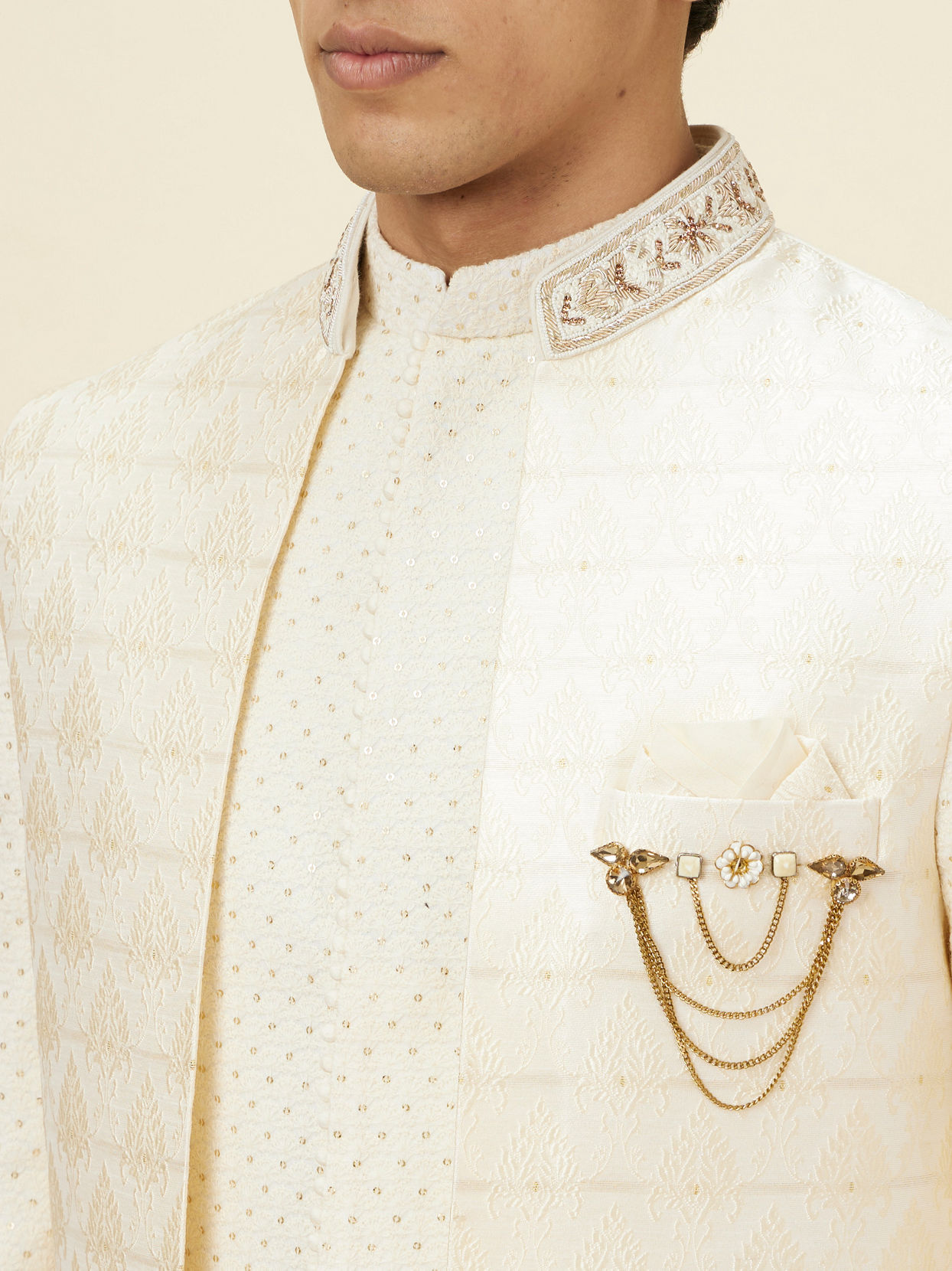 Manyavar Men Shell White Layered Sequined Open Sherwani Set