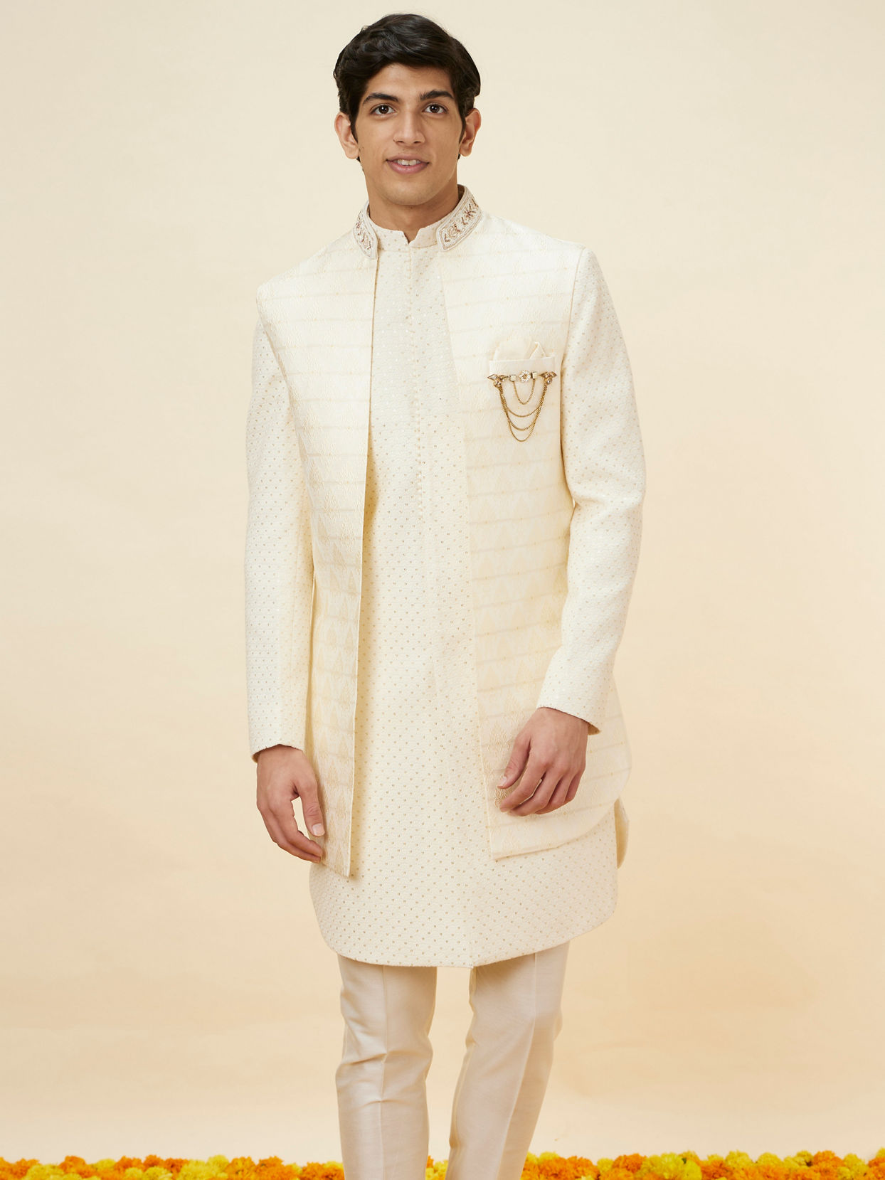 Manyavar Men Shell White Layered Sequined Open Sherwani Set