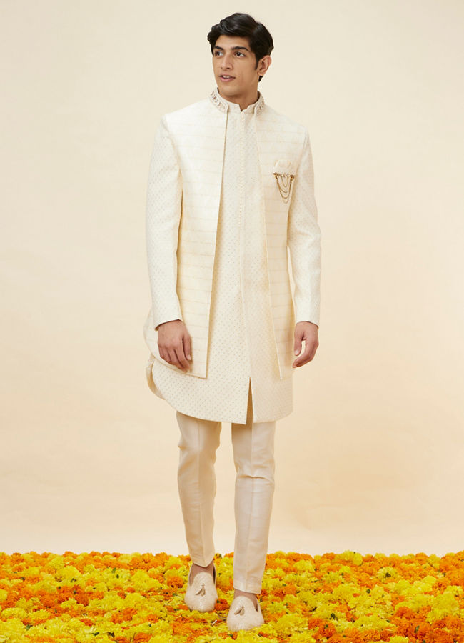 Manyavar Men Shell White Layered Sequined Sherwani Set