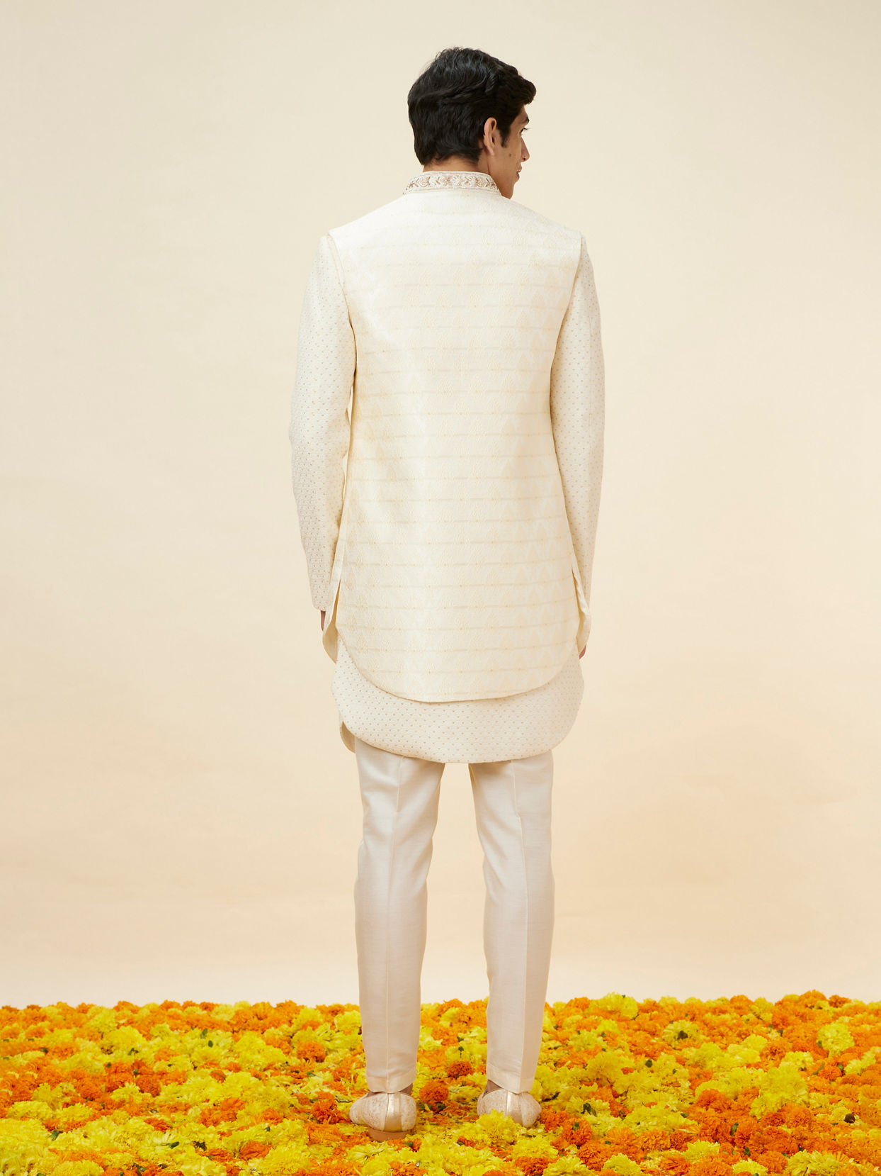 Manyavar Men Shell White Layered Sequined Sherwani Set
