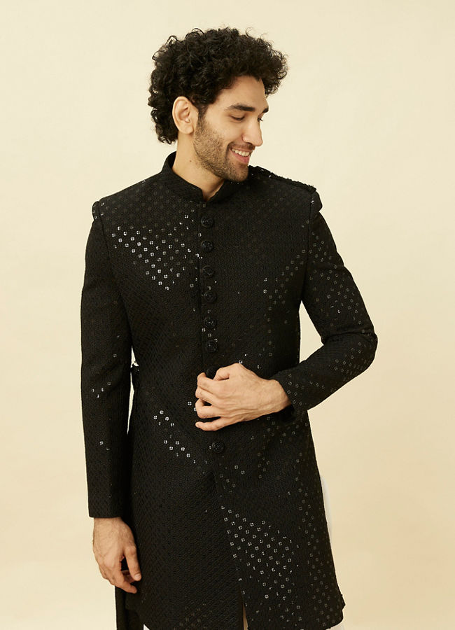 alt message - Manyavar Men Charcoal Black Diamond Patterned Indo Western Set image number 0