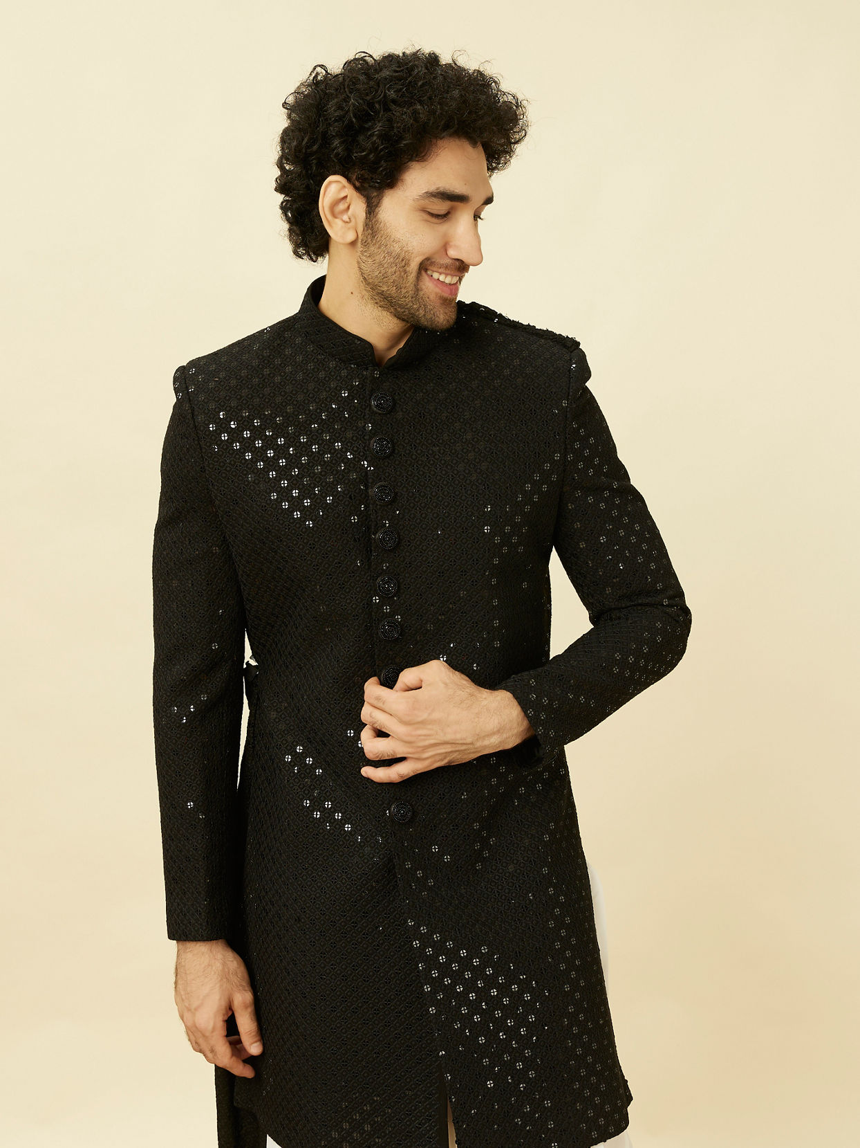 alt message - Manyavar Men Charcoal Black Diamond Patterned Indo Western Set image number 0