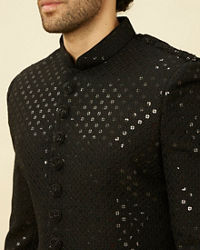 Manyavar Men Charcoal Black Diamond Patterned Indo Western Set