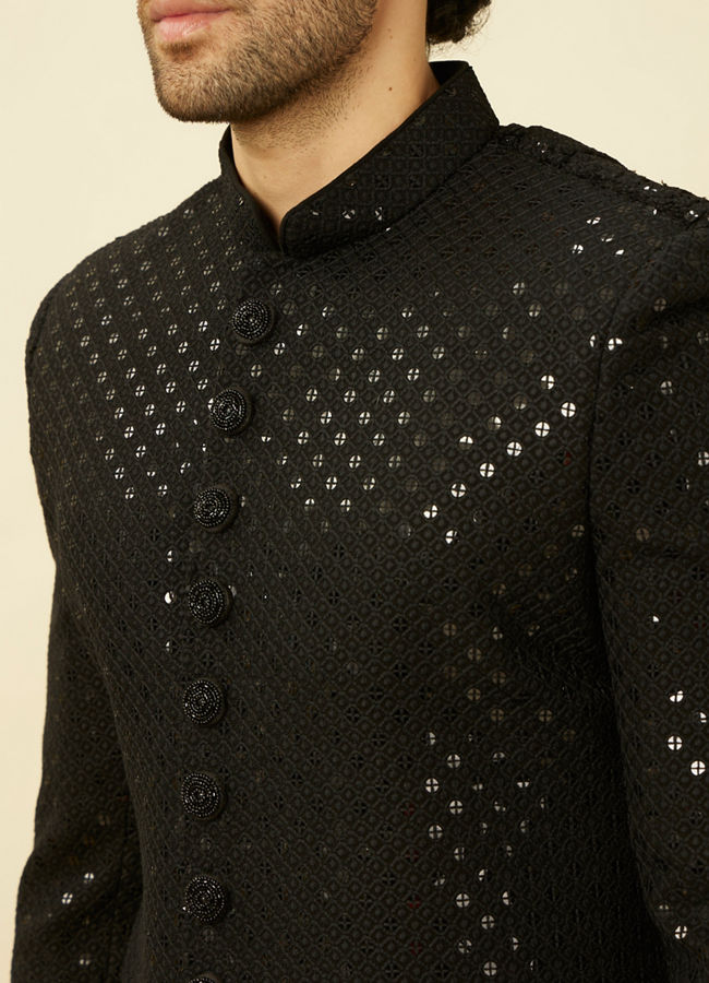 alt message - Manyavar Men Charcoal Black Diamond Patterned Indo Western Set image number 1