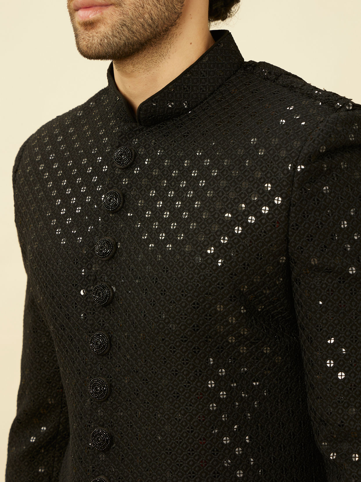 alt message - Manyavar Men Charcoal Black Diamond Patterned Indo Western Set image number 1