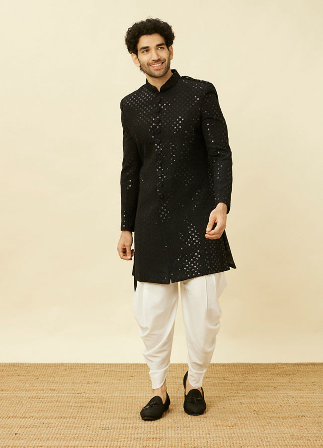 Manyavar Men Charcoal Black Diamond Patterned Indo Western Set