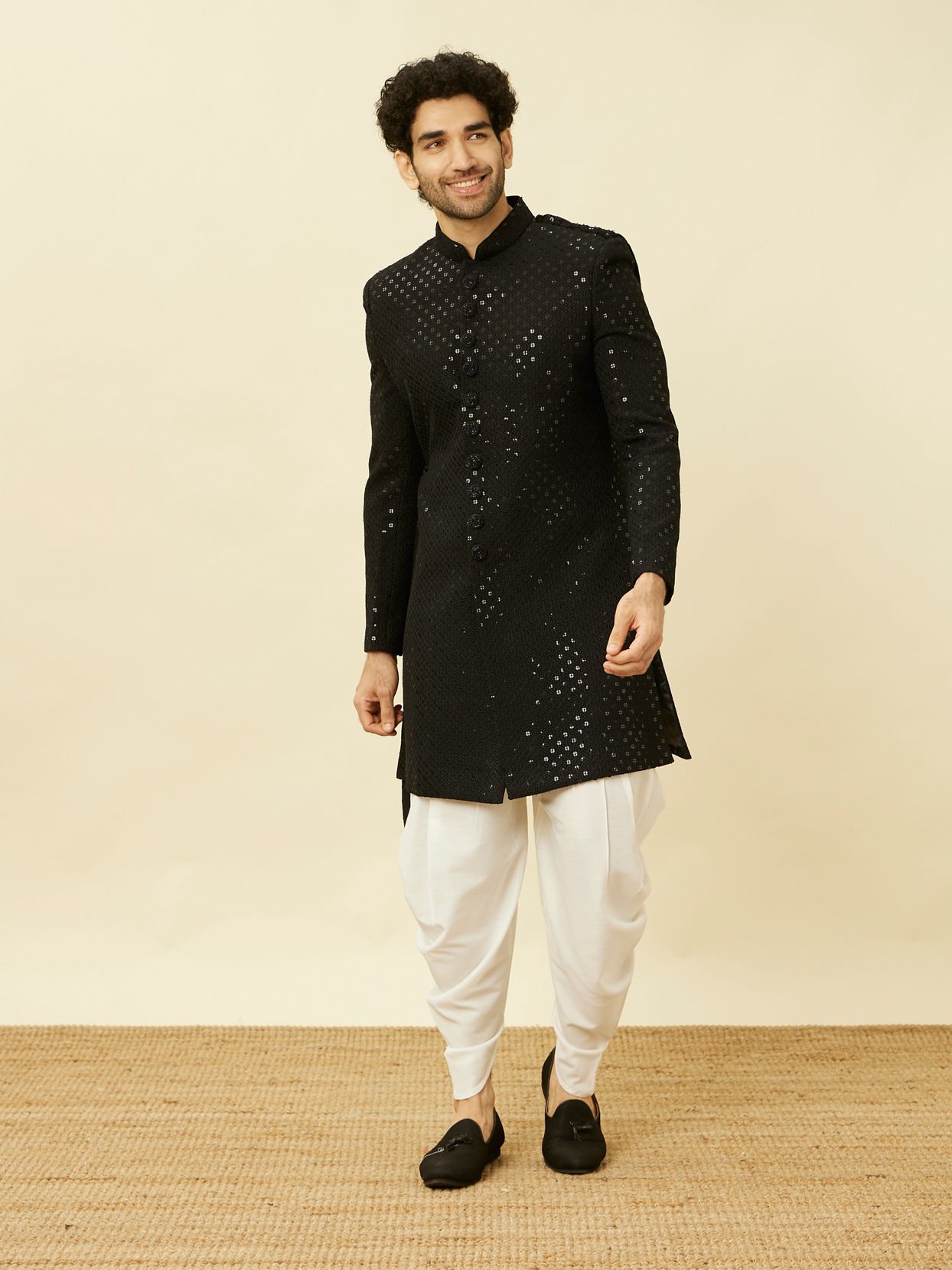 Manyavar Men Charcoal Black Diamond Patterned Indo Western Set