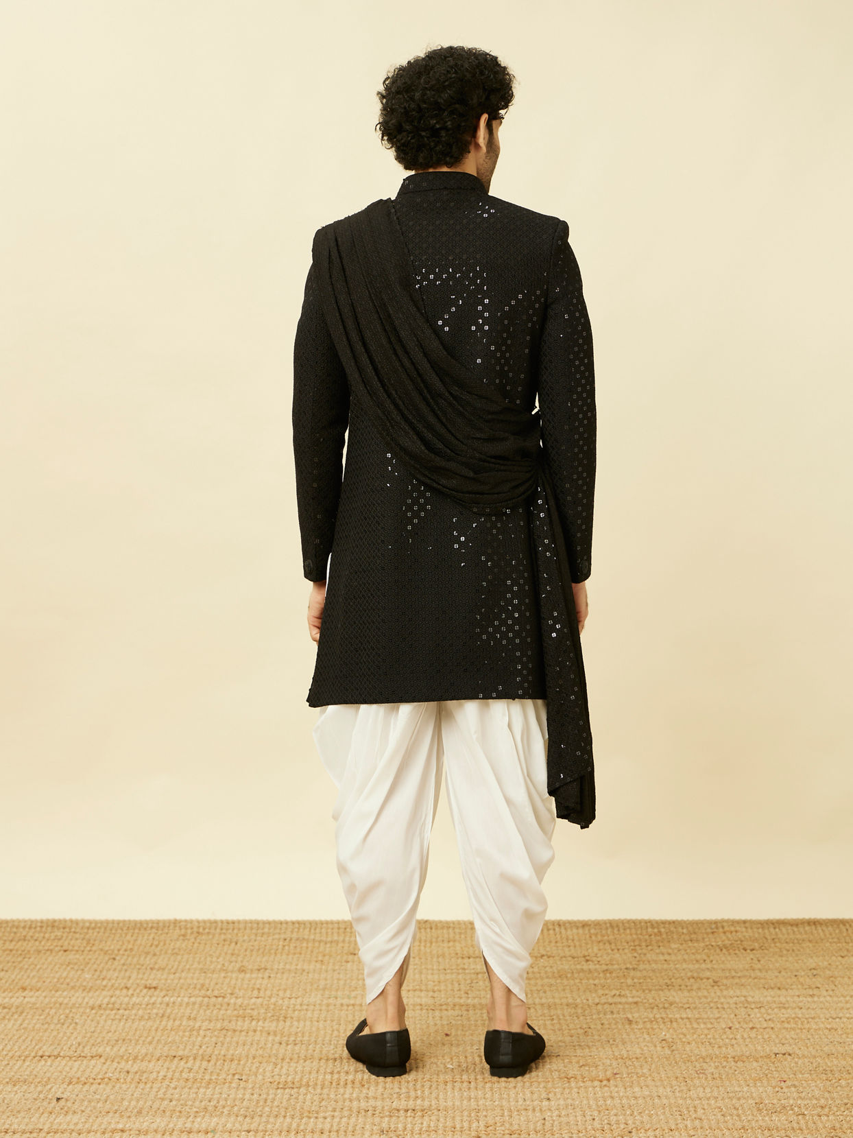 Manyavar Men Charcoal Black Diamond Patterned Indo Western Set
