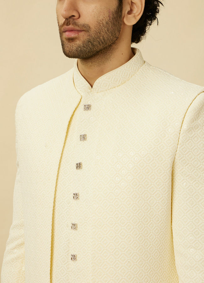 Manyavar Men Cream Diamond Patterned Indo Western Jacket Set