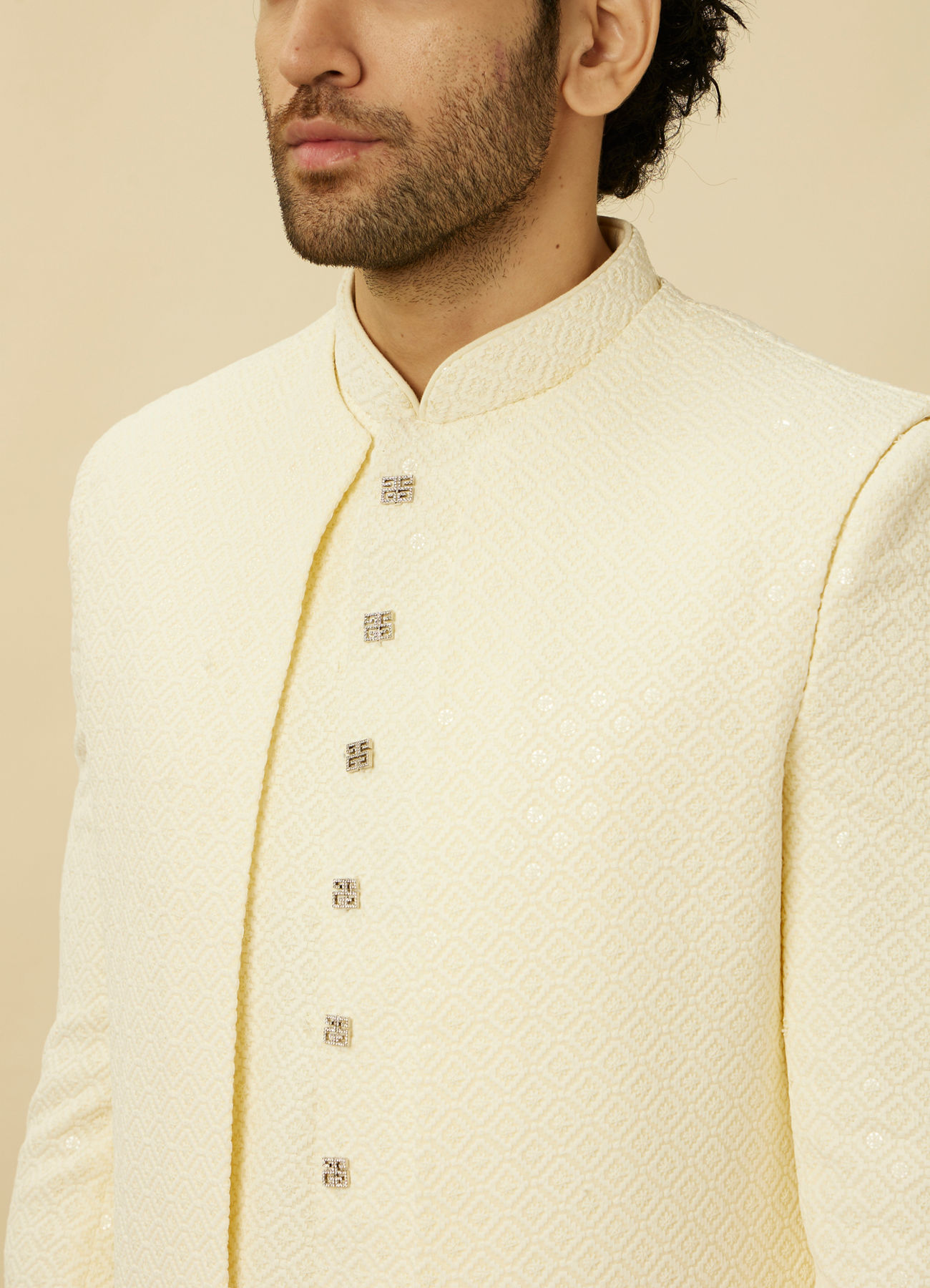 Manyavar Men Cream Diamond Patterned Indo Western Jacket Set