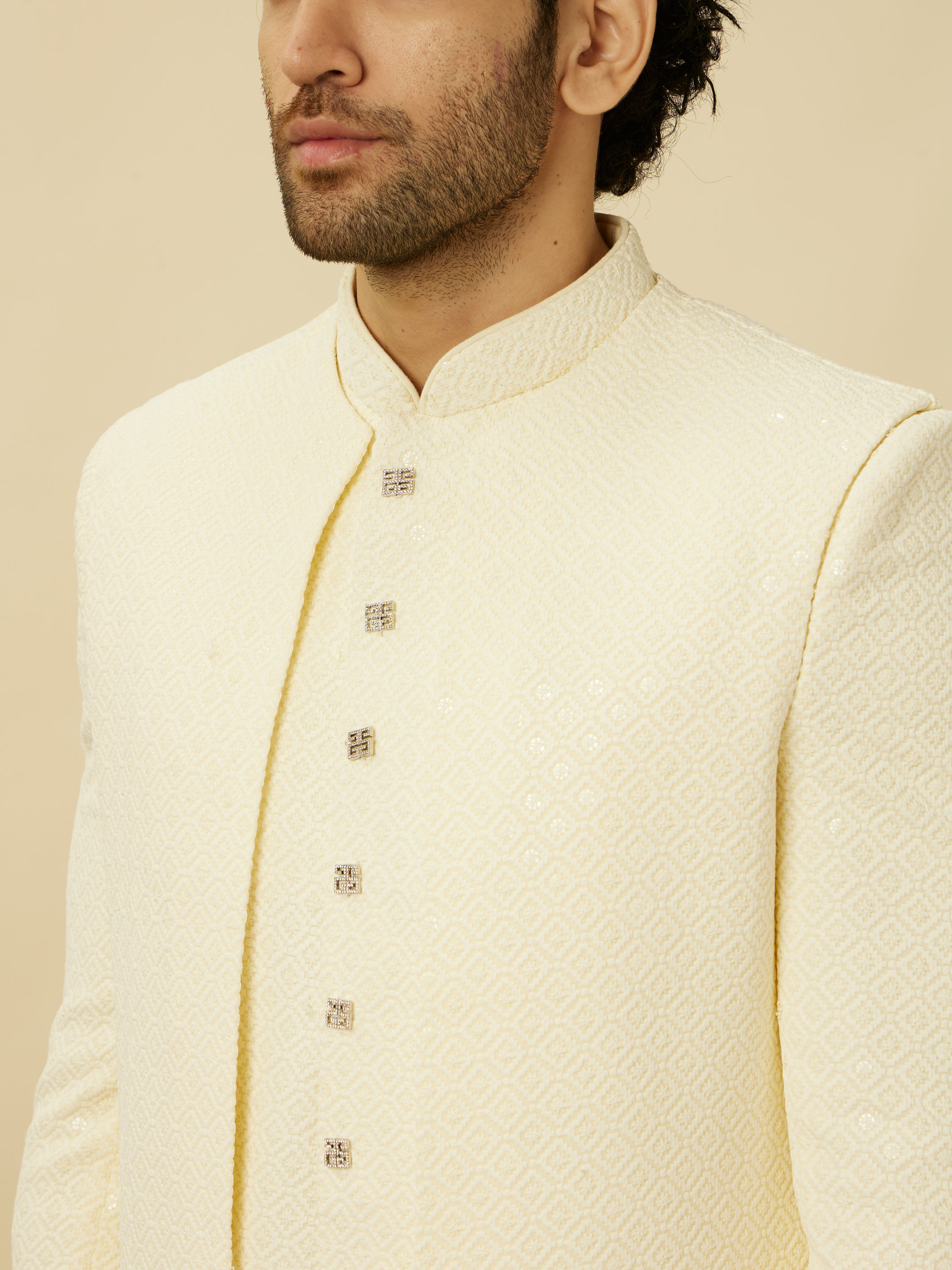 Manyavar Men Cream Diamond Patterned Indo Western Jacket Set