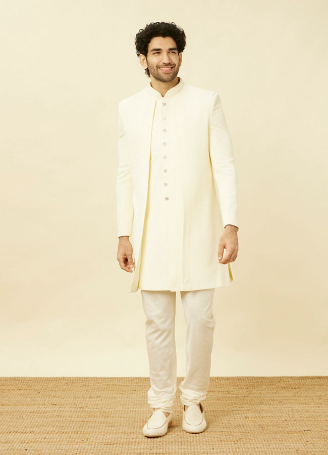 Manyavar Men Cream Diamond Patterned Indo Western Jacket Set