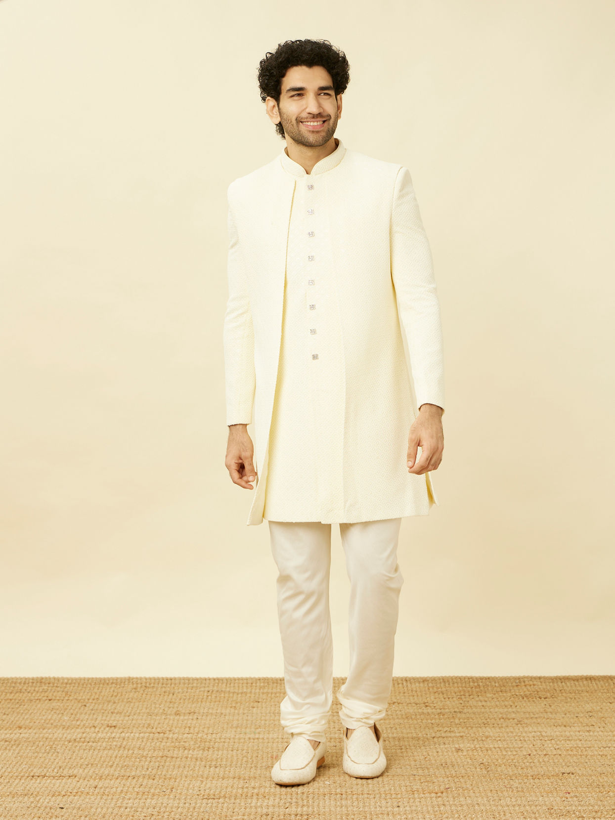 Manyavar Men Cream Diamond Patterned Indo Western Jacket Set