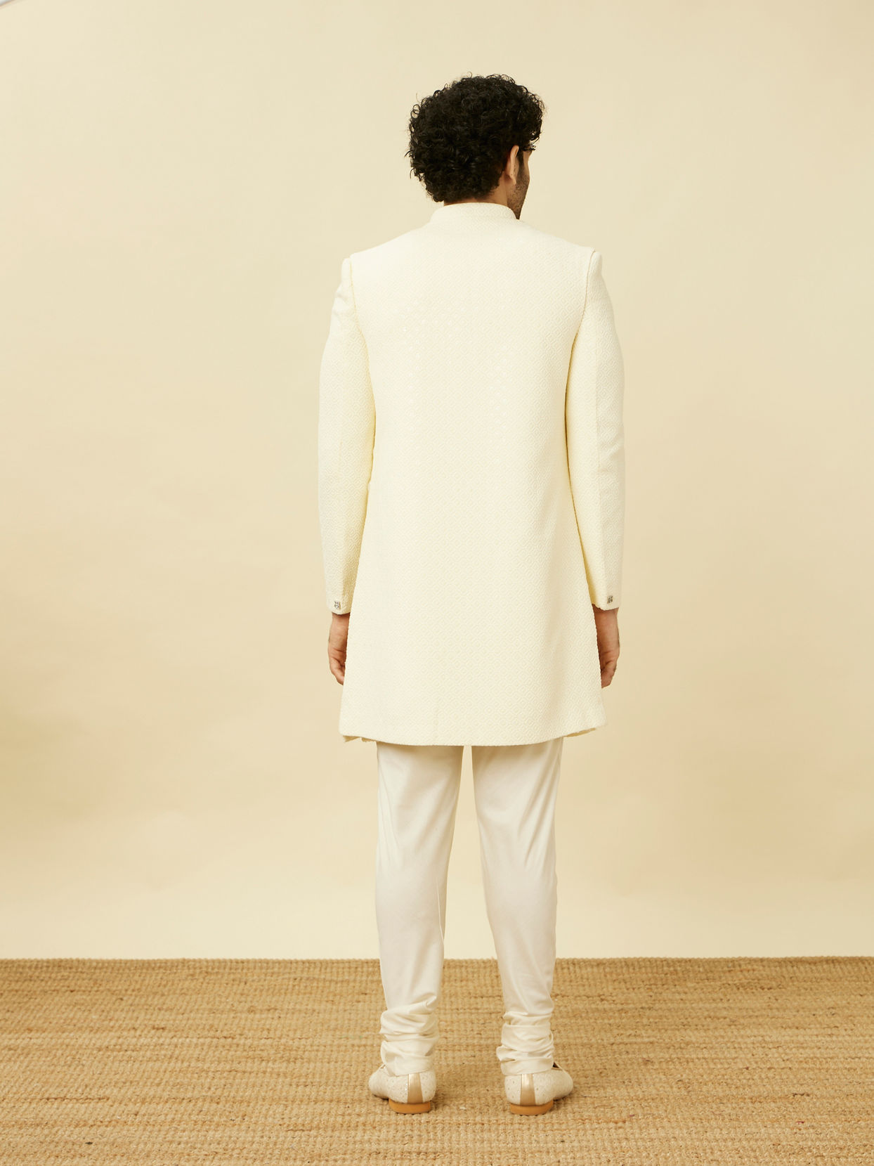 Manyavar Men Cream Diamond Patterned Indo Western Jacket Set