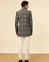 Manyavar Men Midnight Blue Jaal Patterned Drape Detailed Indo Western Set