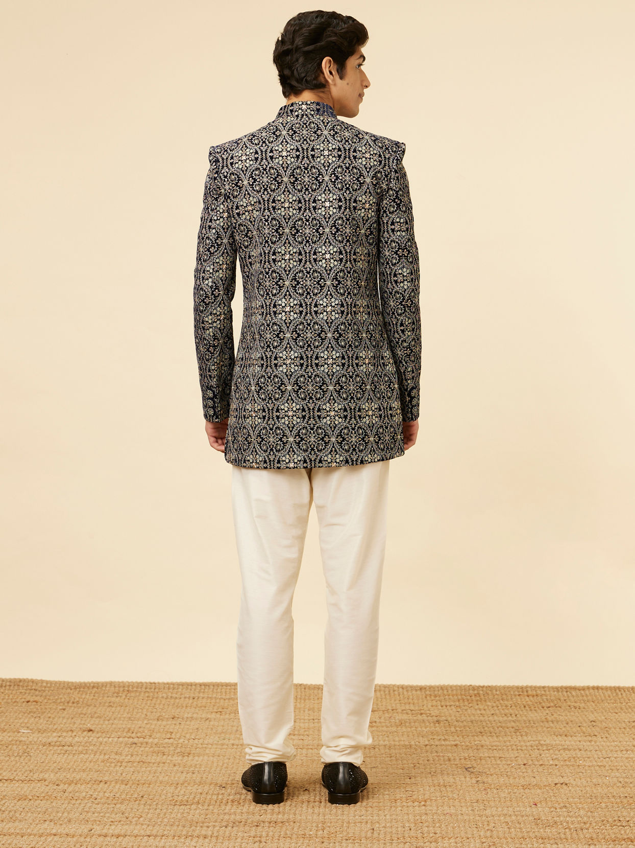 Manyavar Men Midnight Blue Jaal Patterned Drape Detailed Indo Western Set