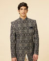 Midnight Blue Jaal Patterned Drape Detailed Indo Western Set