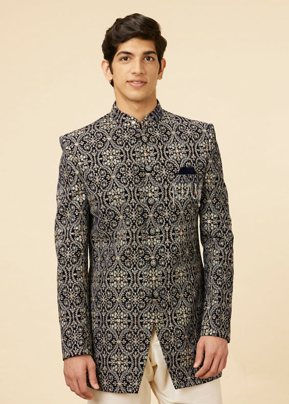 Manyavar Men Midnight Blue Jaal Patterned Drape Detailed Indo Western Set