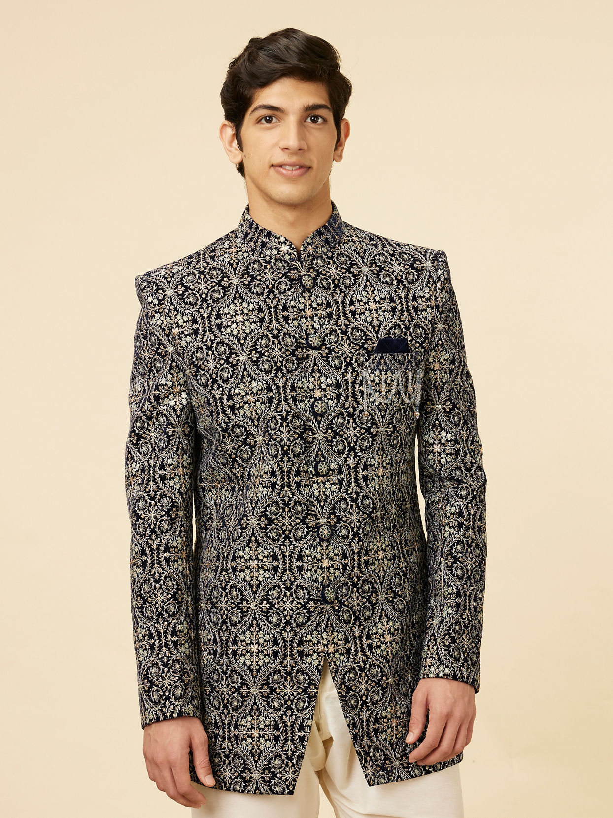 alt message - Manyavar Men Midnight Blue Jaal Patterned Drape Detailed Indo-Western Set image number 0