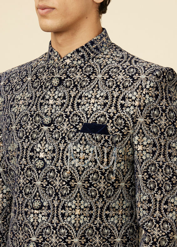 Manyavar Men Midnight Blue Jaal Patterned Drape Detailed Indo Western Set