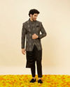 Manyavar Men Soot Black Jaal Patterned Drape Detailed Indo Western Set