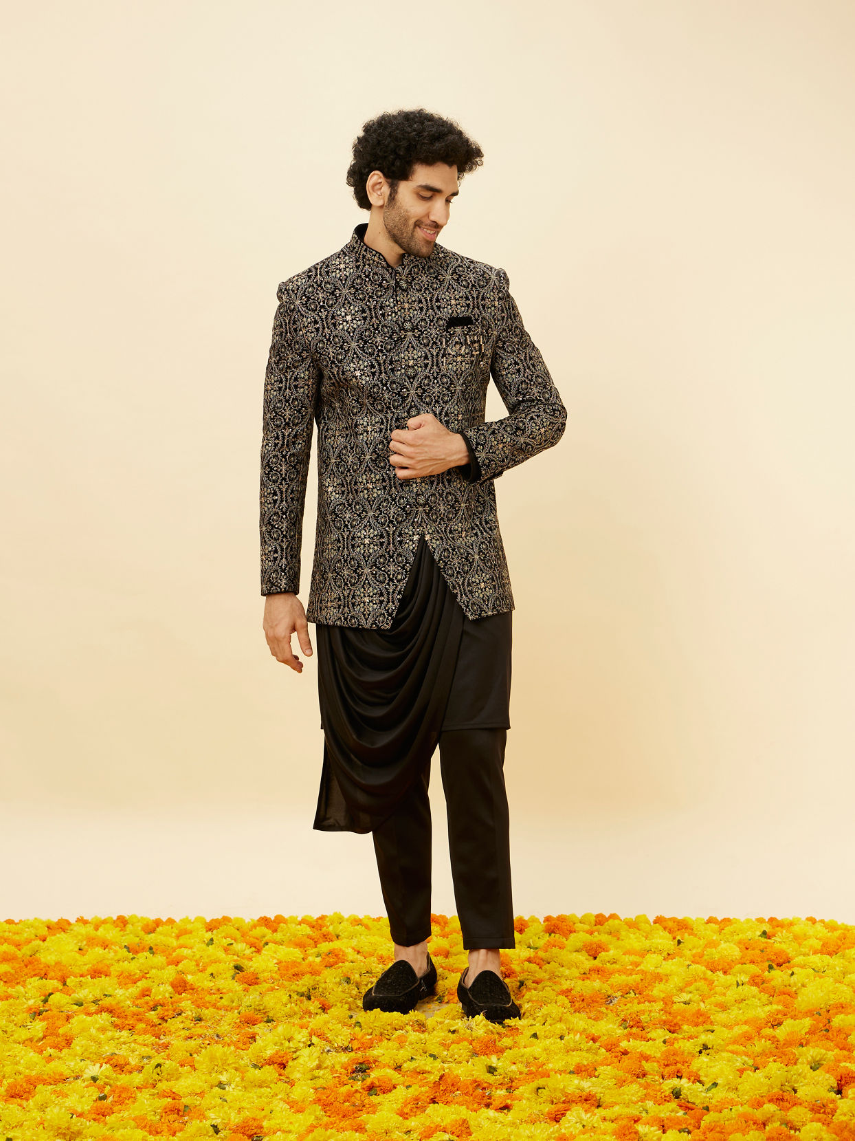 Manyavar Men Soot Black Jaal Patterned Drape Detailed Indo Western Set