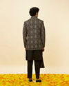 Manyavar Men Soot Black Jaal Patterned Drape Detailed Indo Western Set