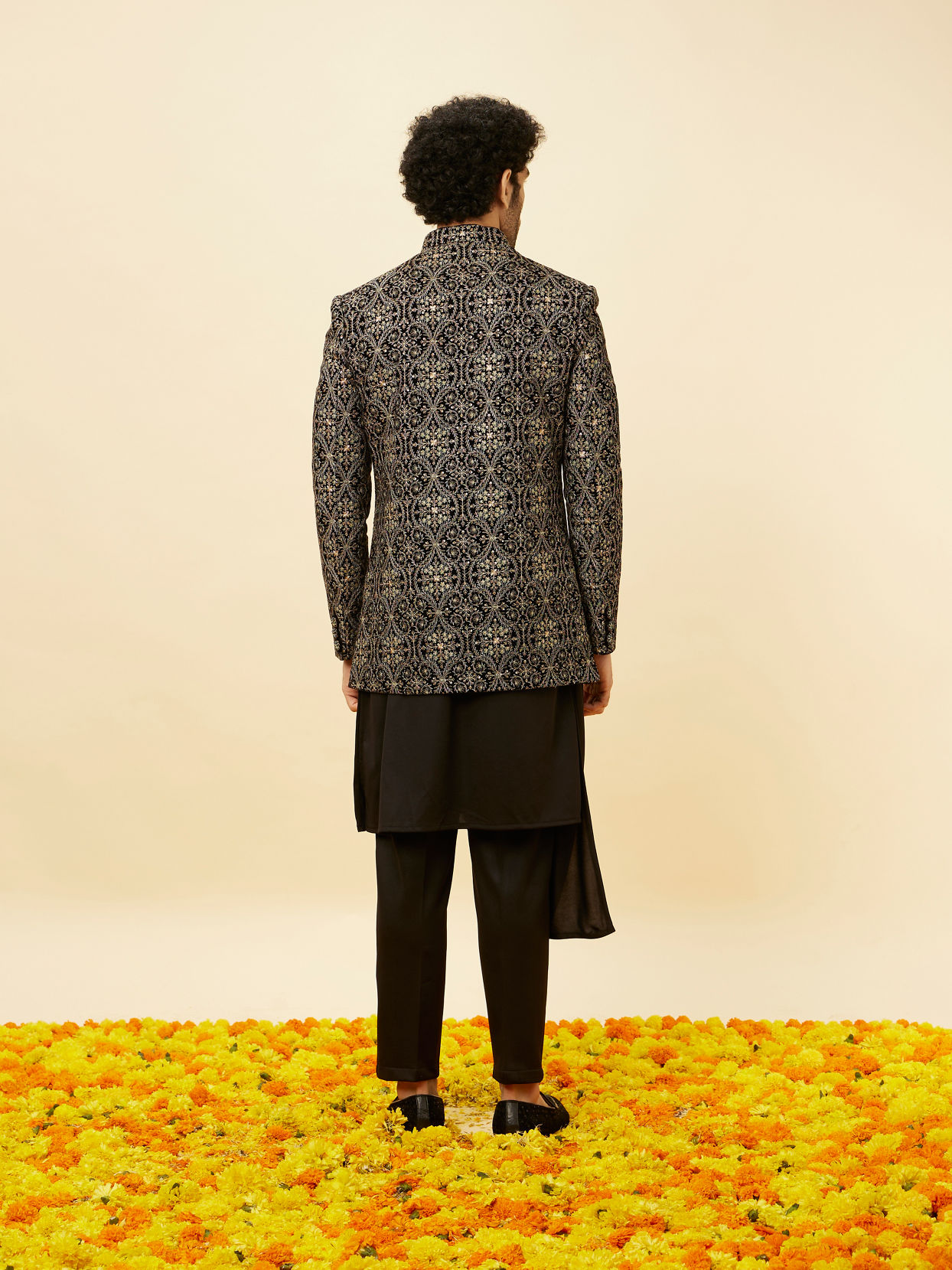 Manyavar Men Soot Black Jaal Patterned Drape Detailed Indo Western Set