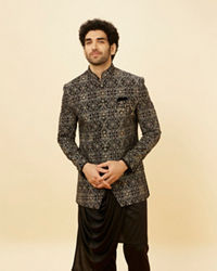 Manyavar Men Soot Black Jaal Patterned Drape Detailed Indo Western Set