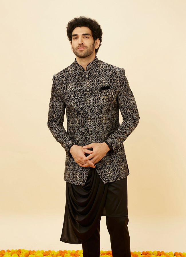 Soot Black Jaal Patterned Drape Detailed Indo-Western Set