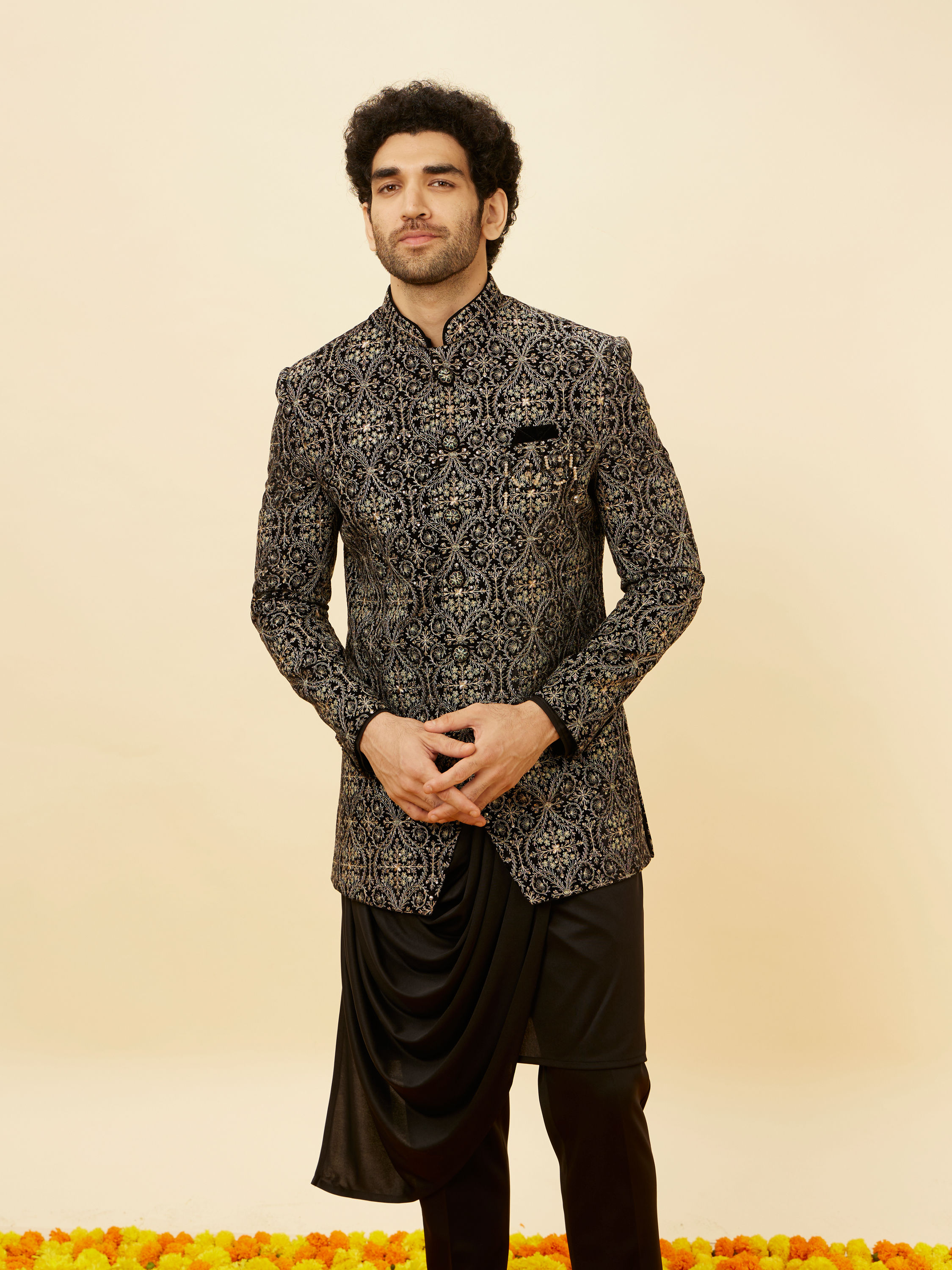 Manyavar Men Soot Black Jaal Patterned Drape Detailed Indo Western Set