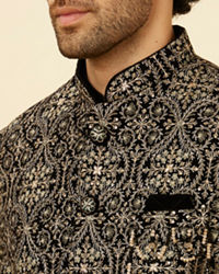 Manyavar Men Soot Black Jaal Patterned Drape Detailed Indo Western Set