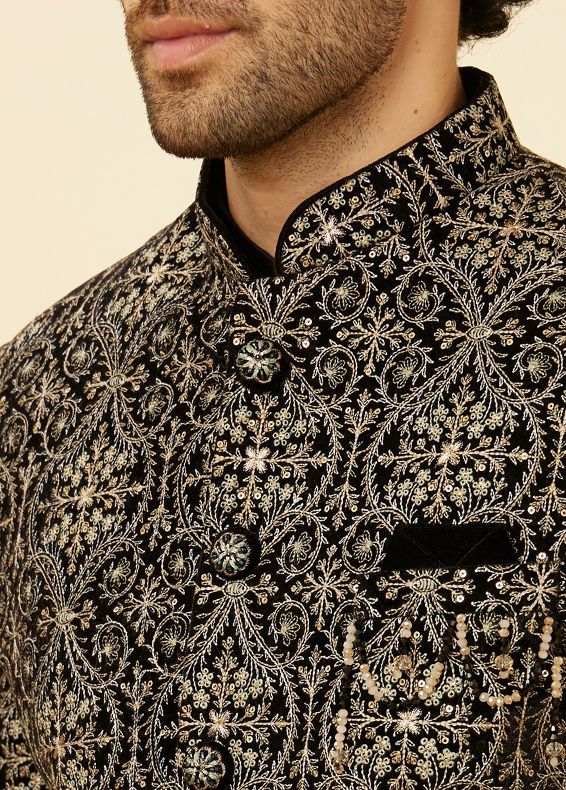 Manyavar Men Soot Black Jaal Patterned Drape Detailed Indo Western Set