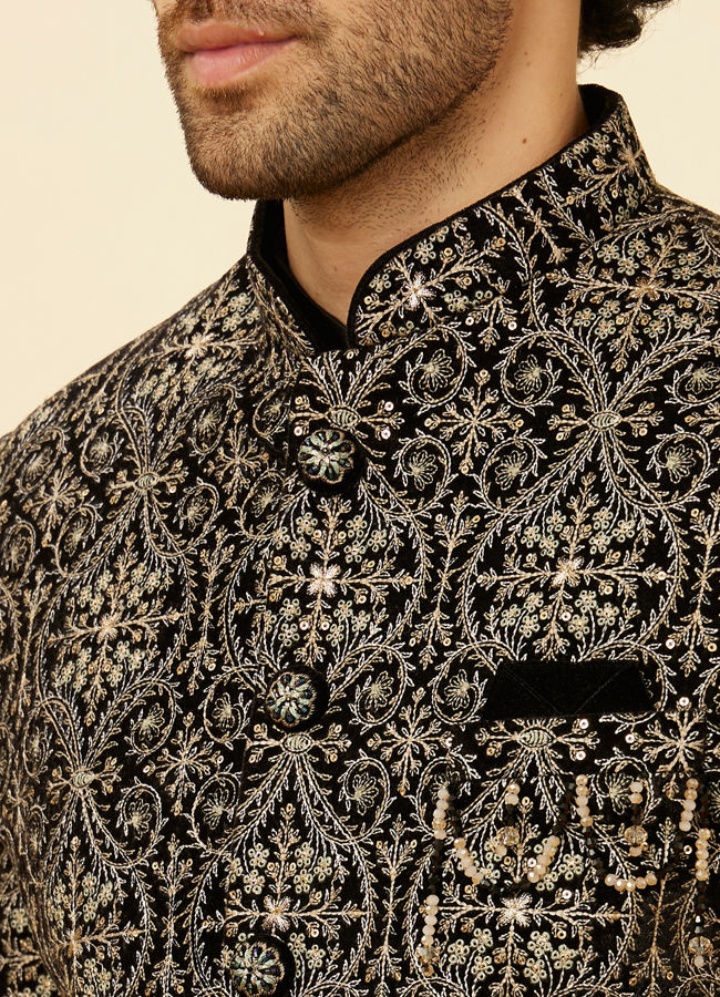 Manyavar Men Soot Black Jaal Patterned Drape Detailed Indo Western Set