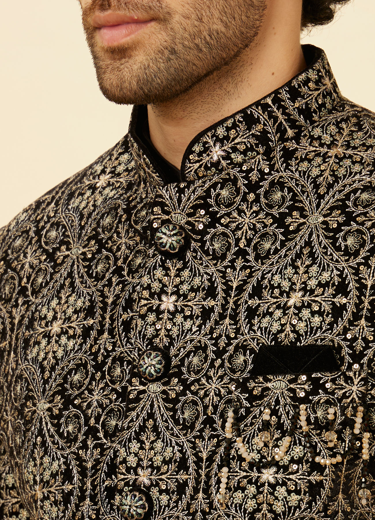 Manyavar Men Soot Black Jaal Patterned Drape Detailed Indo Western Set