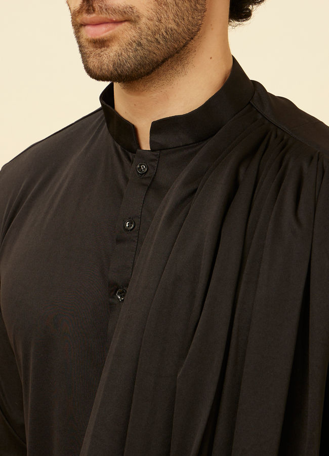 Manyavar Men Soot Black Jaal Patterned Drape Detailed Indo Western Set