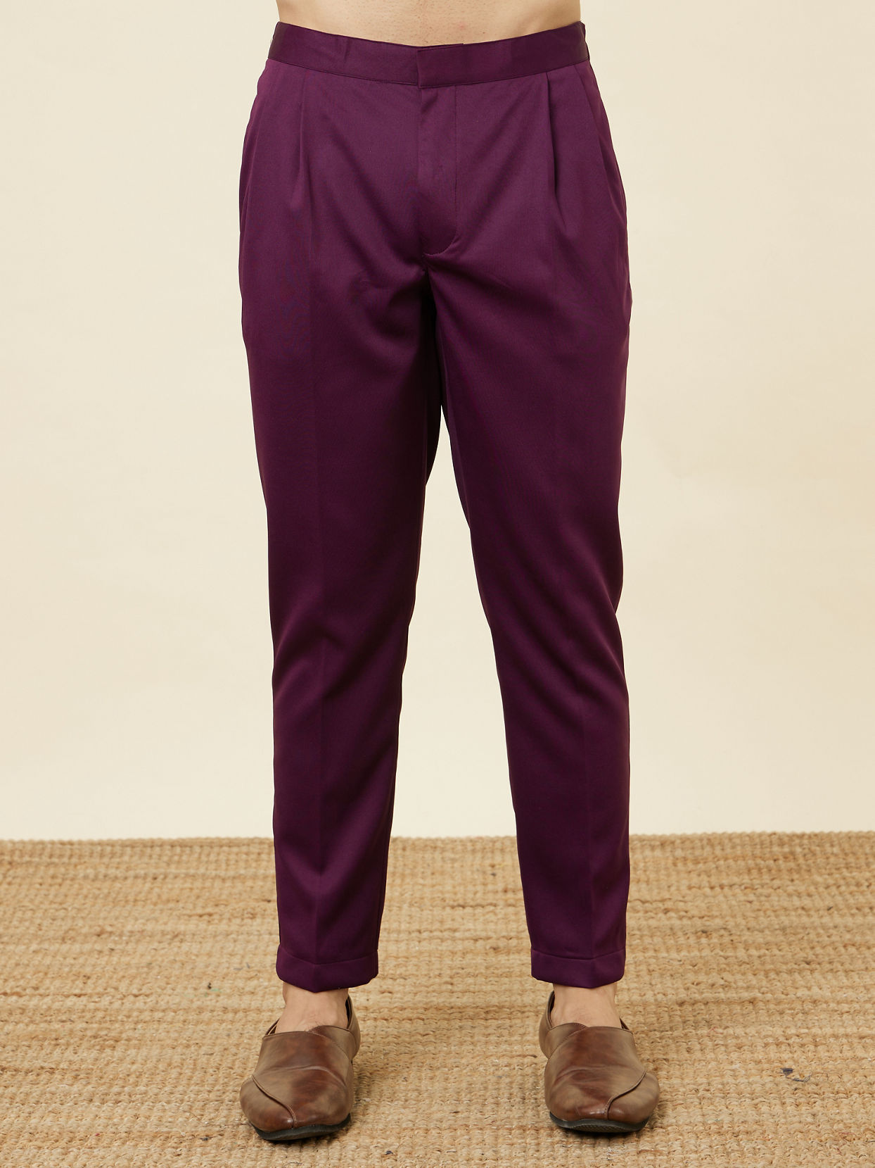 Manyavar Men Wine Red Jaal Patterned Drape Detailed Indo Western Set