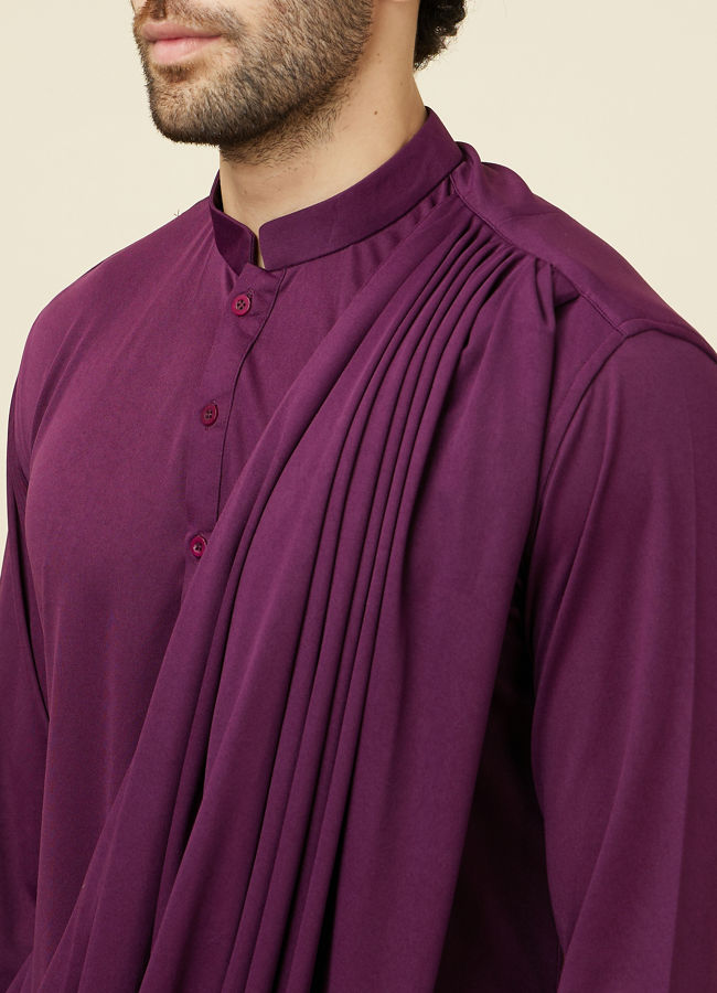 Manyavar Men Wine Red Jaal Patterned Drape Detailed Indo Western Set