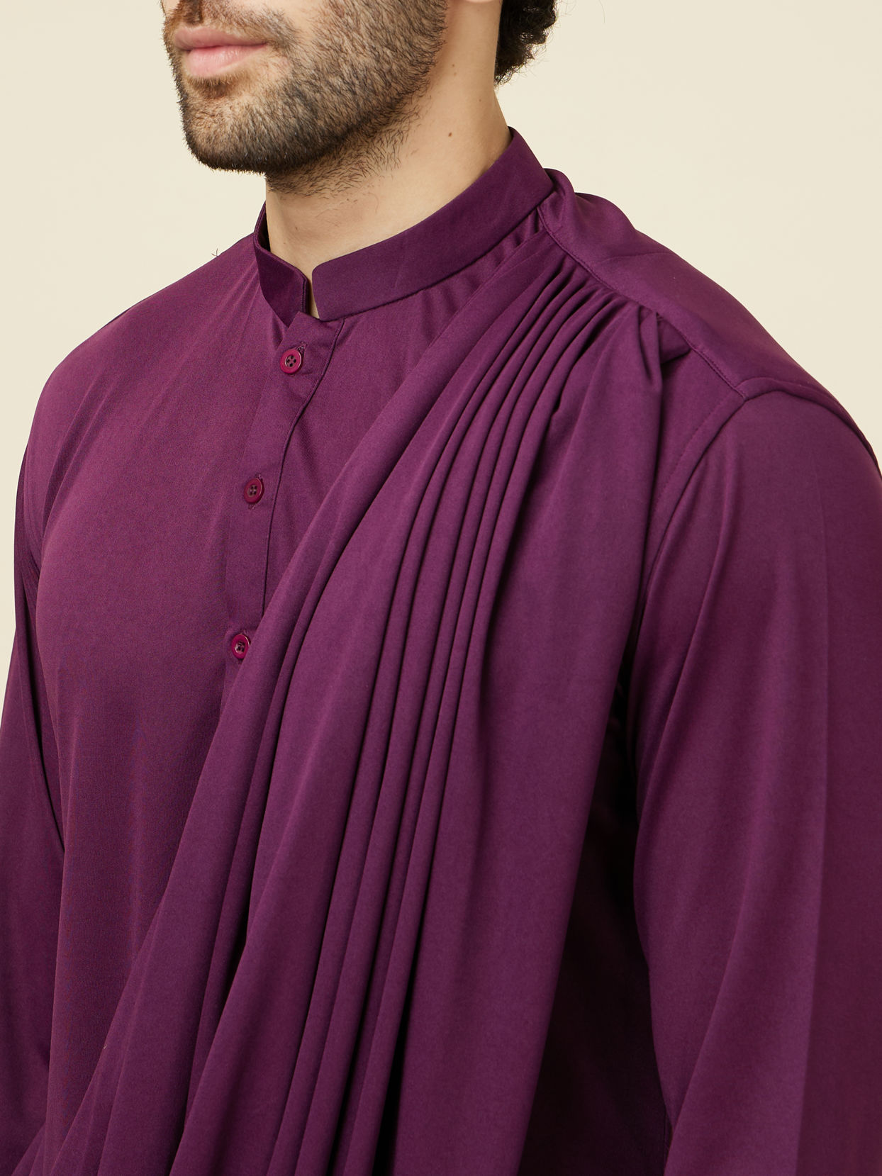 Manyavar Men Wine Red Jaal Patterned Drape Detailed Indo Western Set