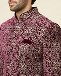 Manyavar Men Wine Red Jaal Patterned Drape Detailed Indo Western Set