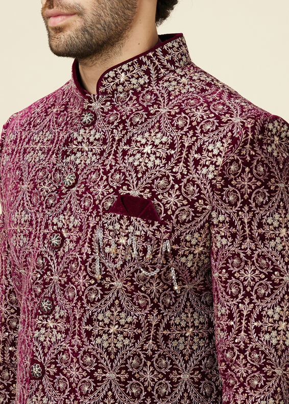 Manyavar Men Wine Red Jaal Patterned Drape Detailed Indo Western Set