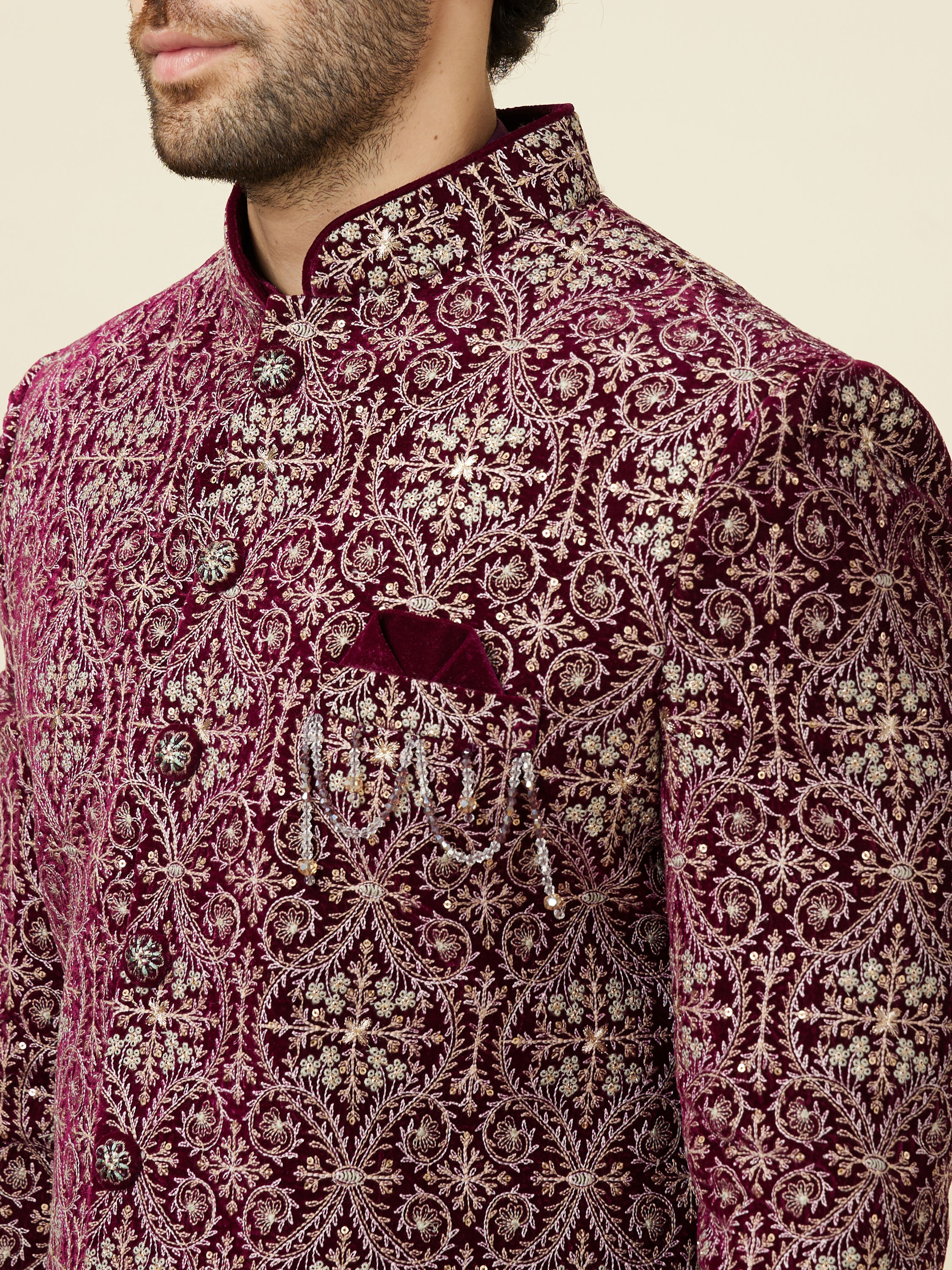 Manyavar Men Wine Red Jaal Patterned Drape Detailed Indo Western Set