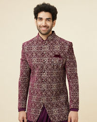 Manyavar Men Wine Red Jaal Patterned Drape Detailed Indo Western Set