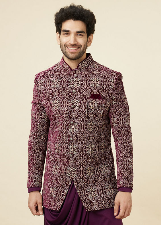 Manyavar Men Wine Red Jaal Patterned Drape Detailed Indo Western Set