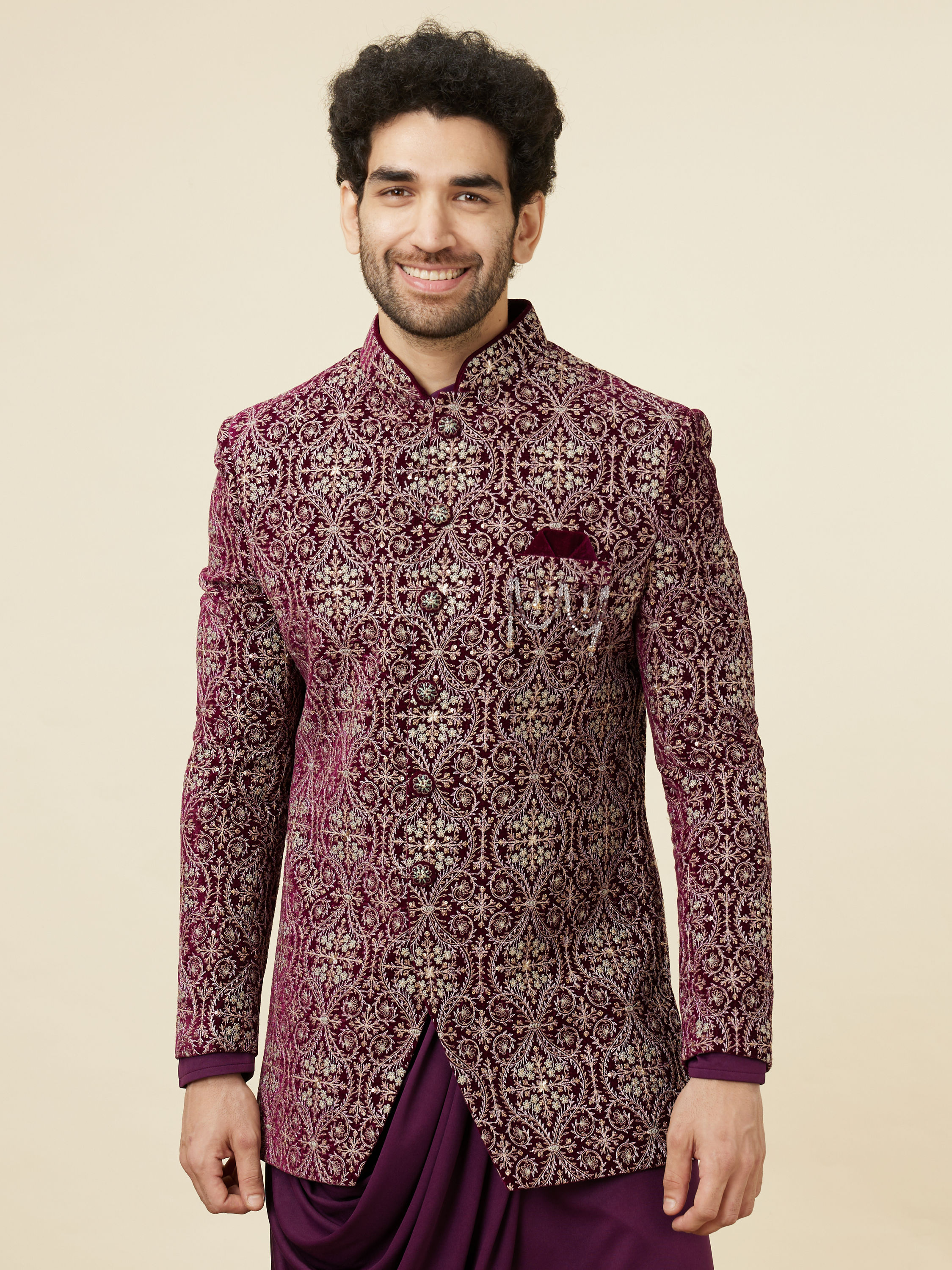 Manyavar Men Wine Red Jaal Patterned Drape Detailed Indo Western Set