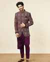 Manyavar Men Wine Red Jaal Patterned Drape Detailed Indo Western Set