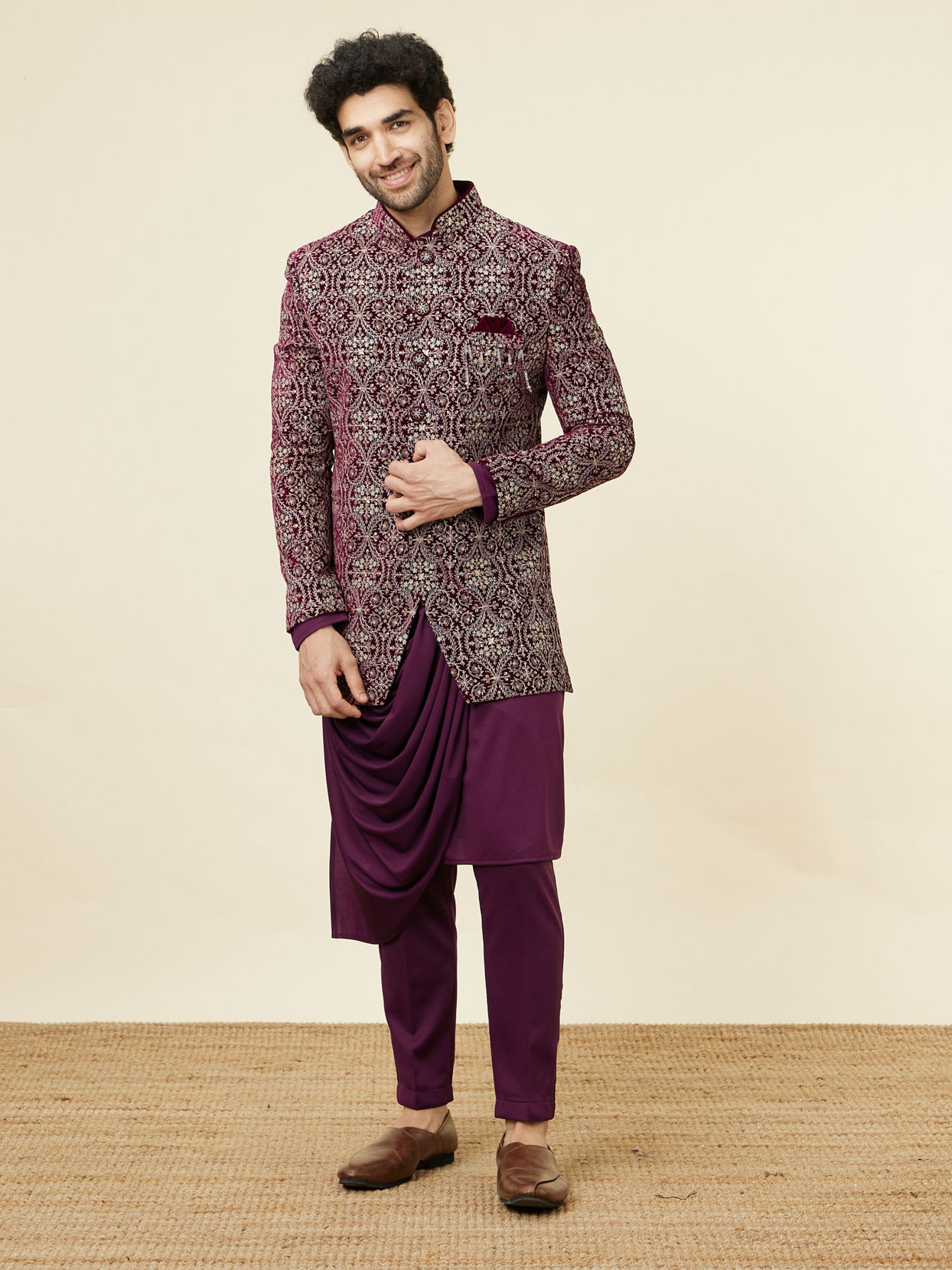 Manyavar Men Wine Red Jaal Patterned Drape Detailed Indo Western Set