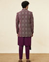 Manyavar Men Wine Red Jaal Patterned Drape Detailed Indo Western Set
